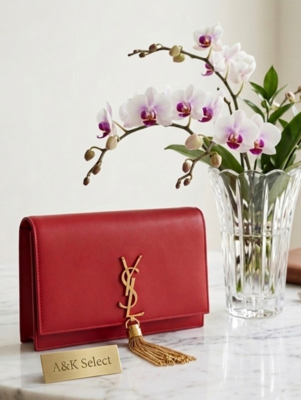 Saint Laurent Red Leather Tassel YSL Logo Clutch